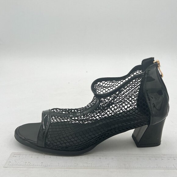 Black Open Toe Chunky Heels Mesh Sandals Back Zipper Dress Pumps - Picture 1 of 7